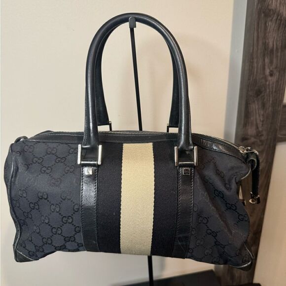 Gucci GG Canvas Sherry Line Boston Black Bag - Picture 1 of 9